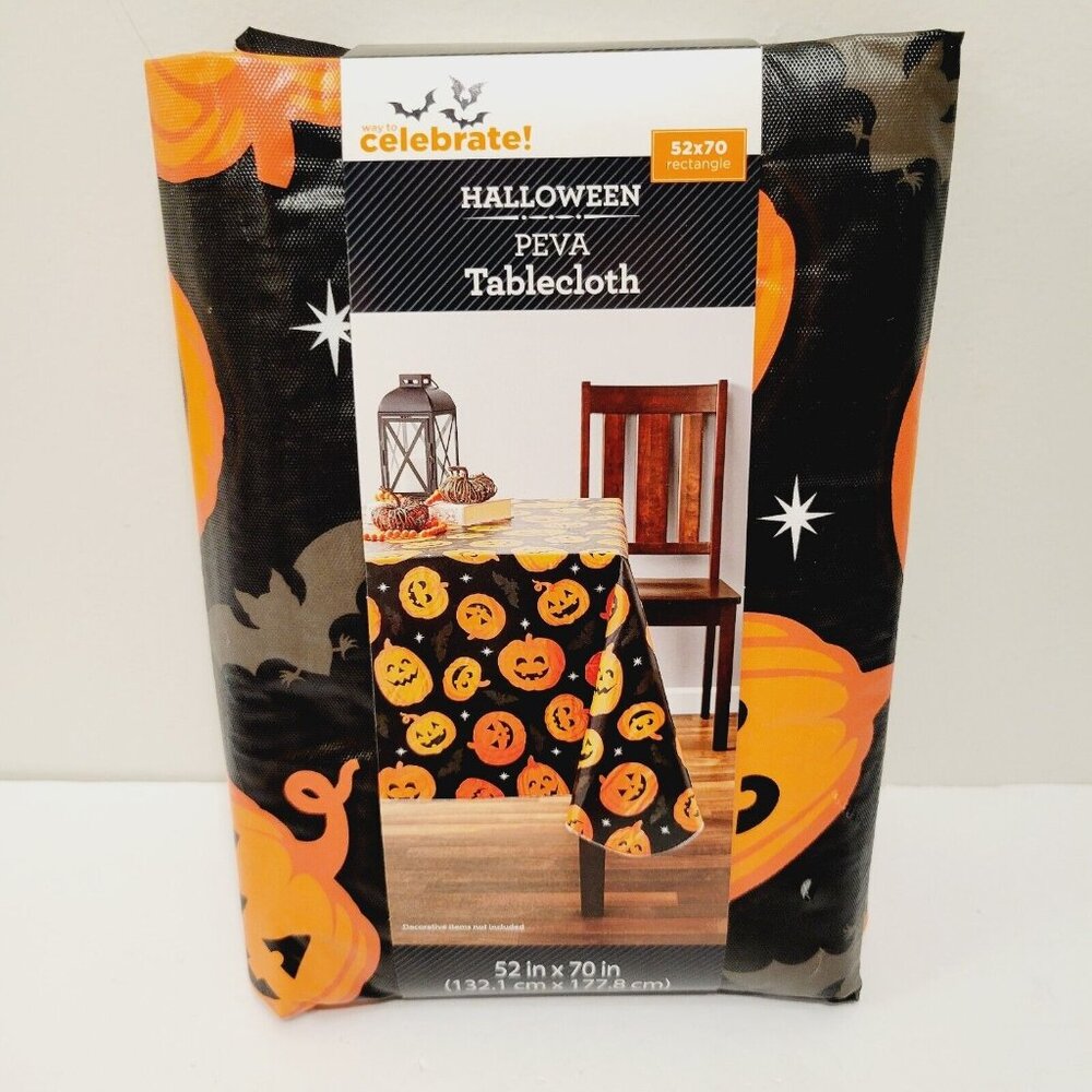 Halloween Peva Rectangle Tablecloth Jack O' Lantern Pumpkins Vinyl 52”x 70”